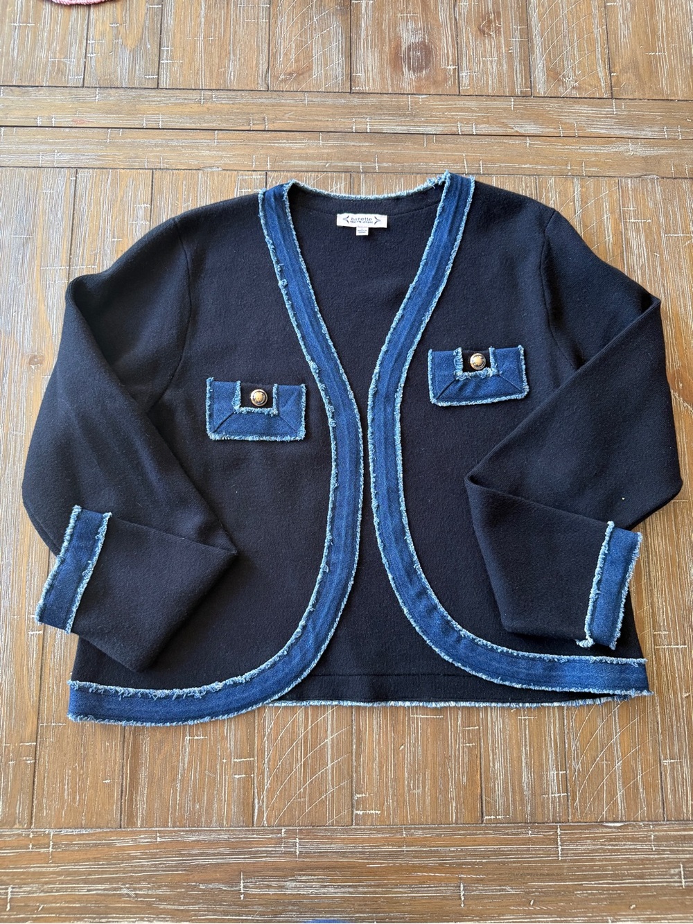 Nanette Lepore Black Knit Sweater Jacket with Denim-Trim Neckline